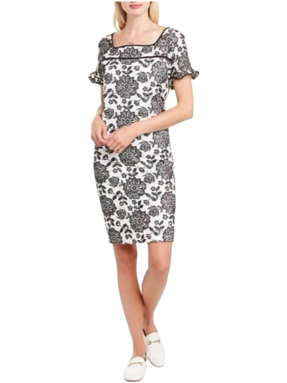 NWT KARL LANGERFIELD PARIS Black White Floral Embroidered Shift Dress Size 10